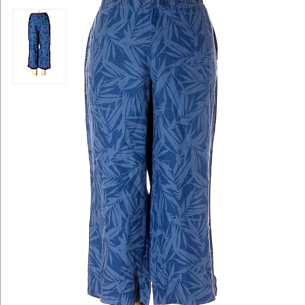 J. Jill Love Linen Blue Print Wide Leg Cropped Pants Medium Elastic Waist size L